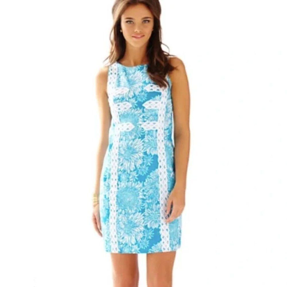 Lilly Pulitzer blue Lion white embroidered sleeveless boatneck Mirabelle dress